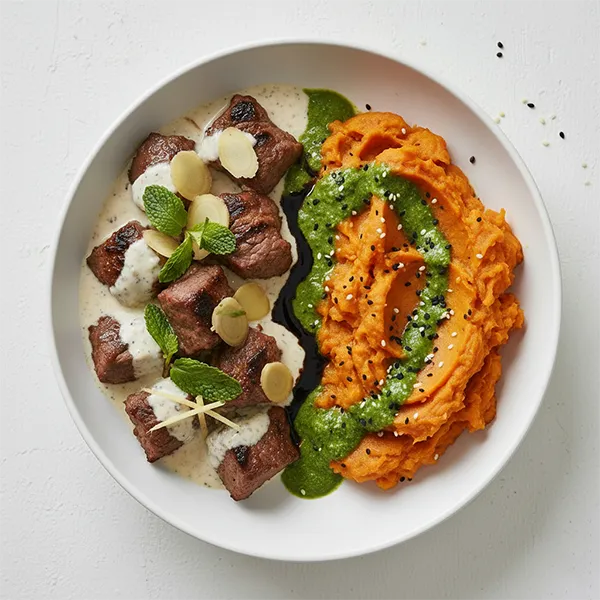 Ginger-Yogurt Marinated Beef Kebab with Mashed Sweet Potato & Mint Sauce